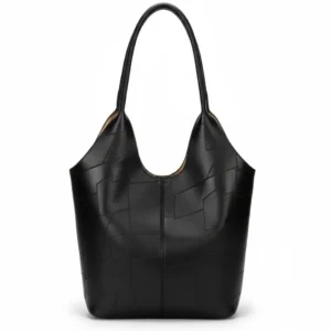 Bolso tote de eco-cuero Ravenna en color negro con diseño de patchwork estilo mosaico, vista frontal - Porte Italia.