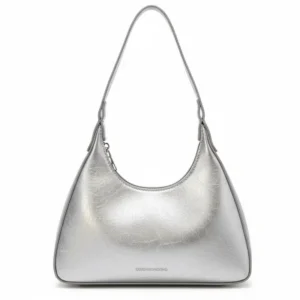 Bolso de hombro de eco-cuero Luna en plateado metálico con forma de media luna, vista lateral - Porte Italia.