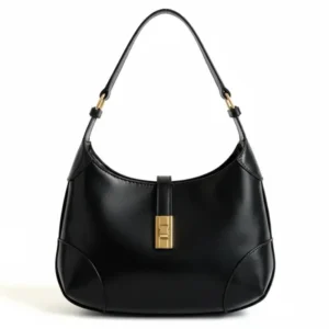 Bolso de hombro minimalista Milano de eco-cuero negro con silueta de media luna y cierre dorado, vista frontal - Porte Italia.