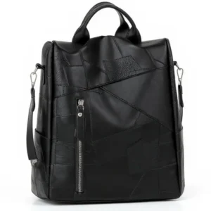 Cartera Mochila convertible de eco-cuero negro Verona con diseño patchwork, vista frontal - Porte Italia.