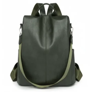 Mochila convertible minimalista de eco-cuero Umbria en color verde olivo, vista frontal con correa de hombro - Porte Italia.