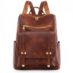 Mochila clásica de eco-cuero Firenze en color marrón caramelo con acabado vintage, vista frontal - Porte Italia.