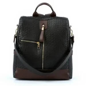 Cartera Mochila convertible de eco-cuero Genova con textura reptil negra y detalles marrones, vista frontal - Porte Italia.