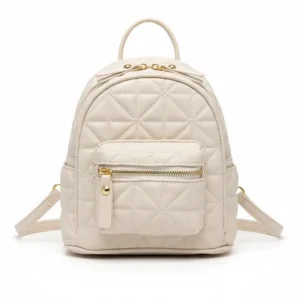 Mini mochila acolchada de eco-cuero Como en color crema con herrajes dorados, vista frontal - Porte Italia.