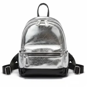 Mini mochila de eco-cuero Astra en plateado metálico y negro charol, vista frontal - Porte Italia.