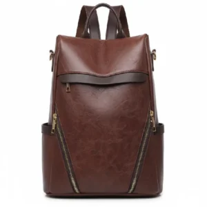 Mochila convertible de eco-cuero Torino en color marrón café con cremalleras diagonales, vista frontal - Porte Italia.