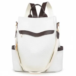 Mochila convertible de eco-cuero Cortina en blanco nieve con textura cocodrilo y detalles marrones, vista frontal - Porte Italia.