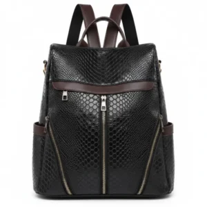 Mochila convertible de eco-cuero Portofino en negro con textura de serpiente y detalles marrones, vista frontal - Porte Italia.