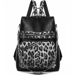 Mochila convertible de eco-cuero Taormina con estampado de leopardo nieve y detalles negros, vista frontal - Porte Italia.